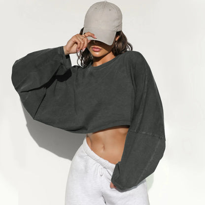 Autumn Winter Women's No Hat Hoodies Fashion O-neck Loose Long Sleeve Pullove Casual Workout Jogger Female Sexy Crop Sweatshirt