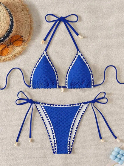 Sexy White Contrast Bikinis Sets 2025 Women Shell Ornament Push Up Tie Side Thong Swimsuit Summer Bathing Suit Micro Swimwear
