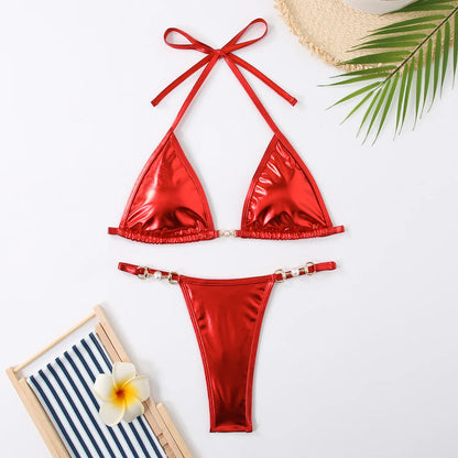 Shiny Pink Micro Bikini 2025 Mujer Women Sexy PU Pearls Push Up Thong Swimsuit Summer Bathing Suit Bandage Holiday Swimwear