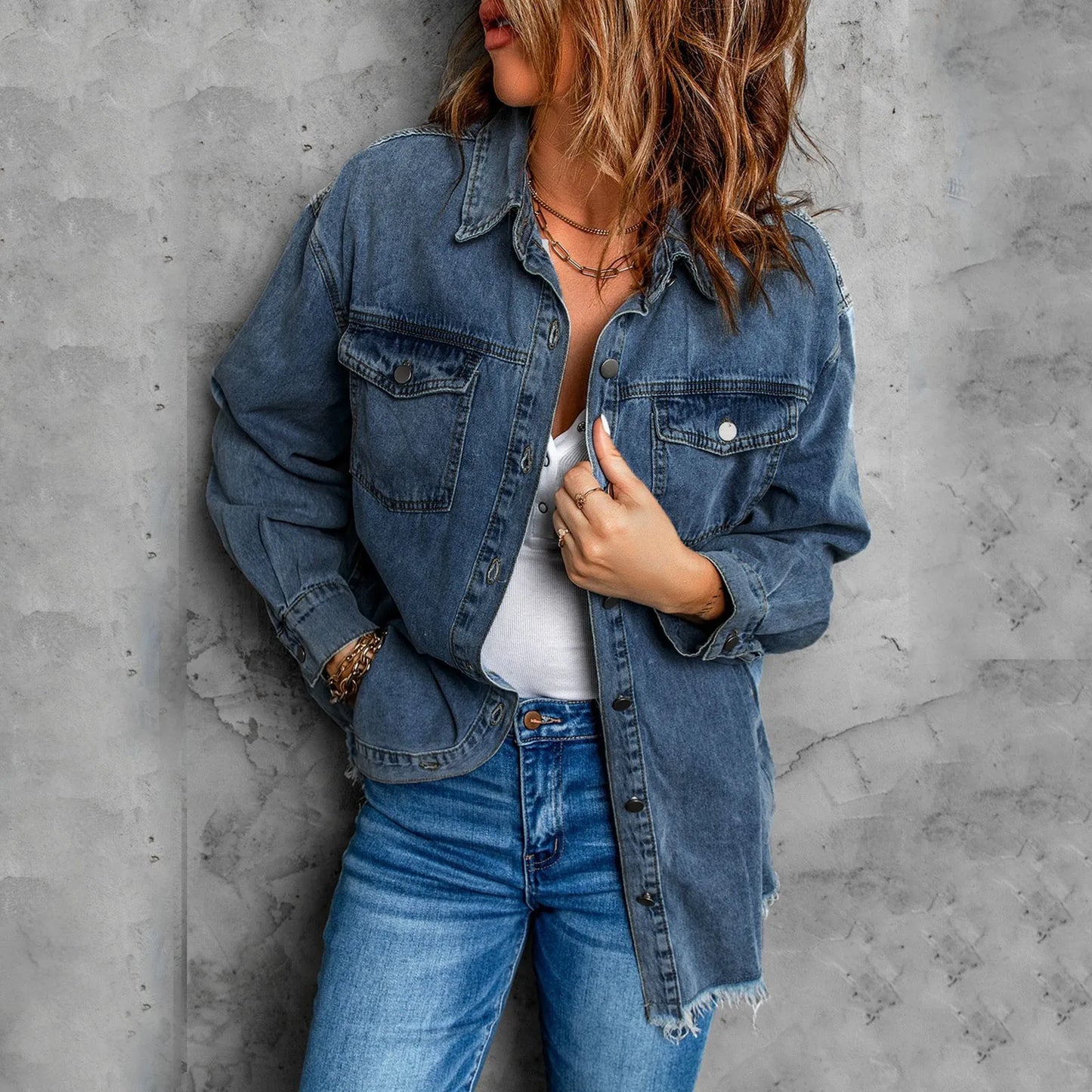 Women’S Denim Jackets Ripped Hem Gray Jeans Jacket Shacket Female Casual Loose Denim Coats Overcoats Oversized BF Denim Jacket