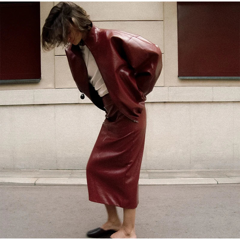 Leather Fashion Jacket Skirt Sets Women Zipper Loose Street Stand Collar Coats Straight Midi Skirts Suits 2025 Autumn Party Chic