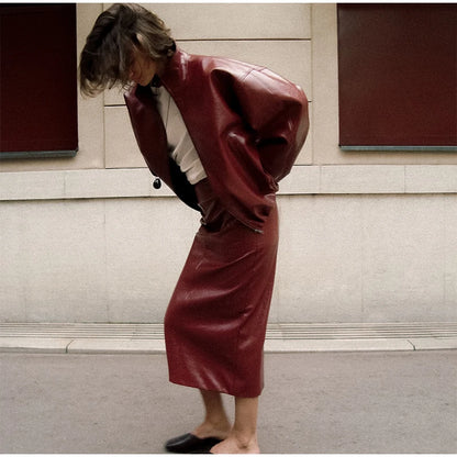 Leather Fashion Jacket Skirt Sets Women Zipper Loose Street Stand Collar Coats Straight Midi Skirts Suits 2025 Autumn Party Chic