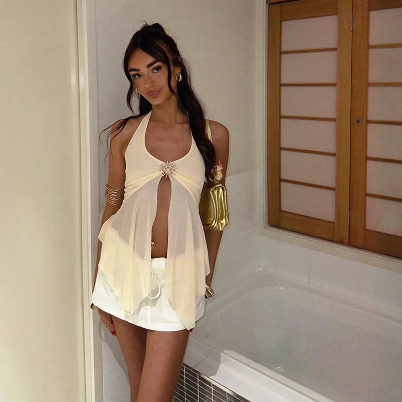 Absobe Halter Tie-Back Sheer Mesh Patchwork With Metal Accents Tank Top Backless Y2K Vest For Women Chic Streetwear Blouse