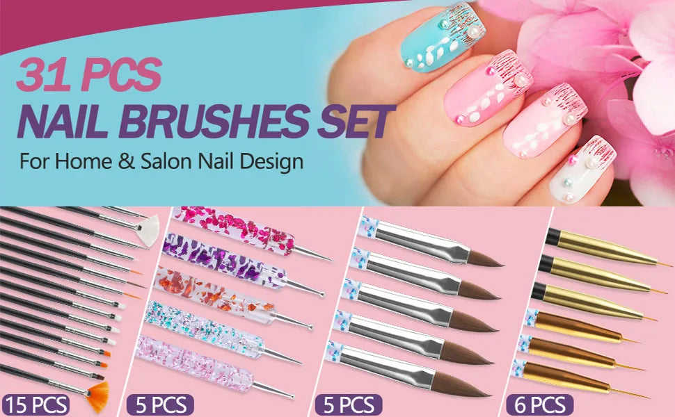 31-Piece UV Gel Nail Brush Set, UV Gel Nail Brushes, Including Dotting Brushes, Carving, Painting, and Gradient Brushes