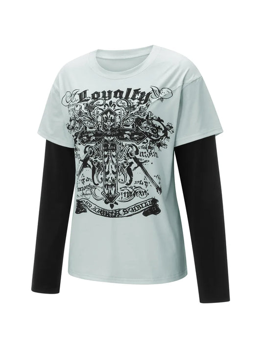 Women s Y2K Fairy Grunge Shirt Vintage Cross Graphic Patchwork Long Sleeve Crewneck T-Shirt Aesthetic Tee Top