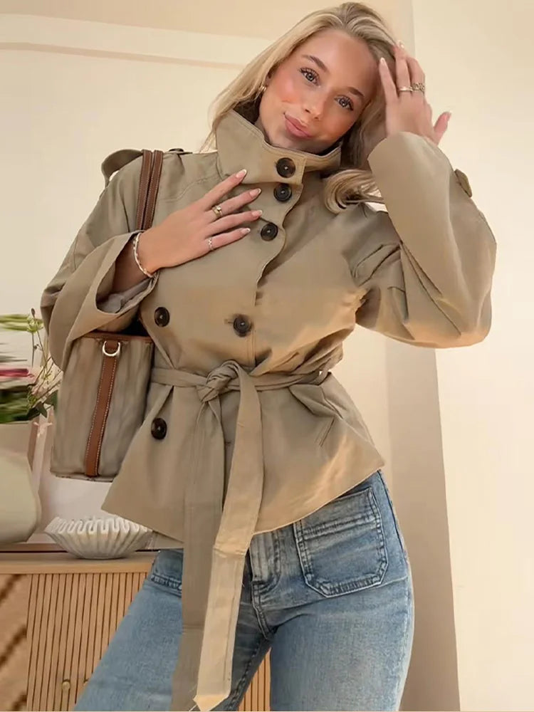 Belted Waist Cropped Trench Double Breasted Stand Collar 2025 Autumn Chic Elegant Women Coat Casual Vintage Office Lady Jacket