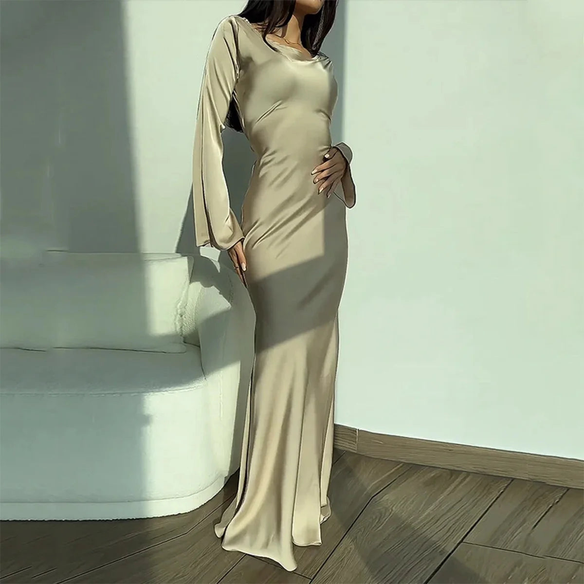 Women‘s Maxi Dress 2025 New Silk Long Round Neck Satin Flare Sleeve Lace Up Slim Skirt Evening Party Dresses Sexy Chic Robes