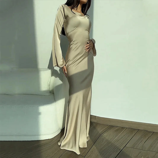 Women‘s Maxi Dress 2025 New Silk Long Round Neck Satin Flare Sleeve Lace Up Slim Skirt Evening Party Dresses Sexy Chic Robes