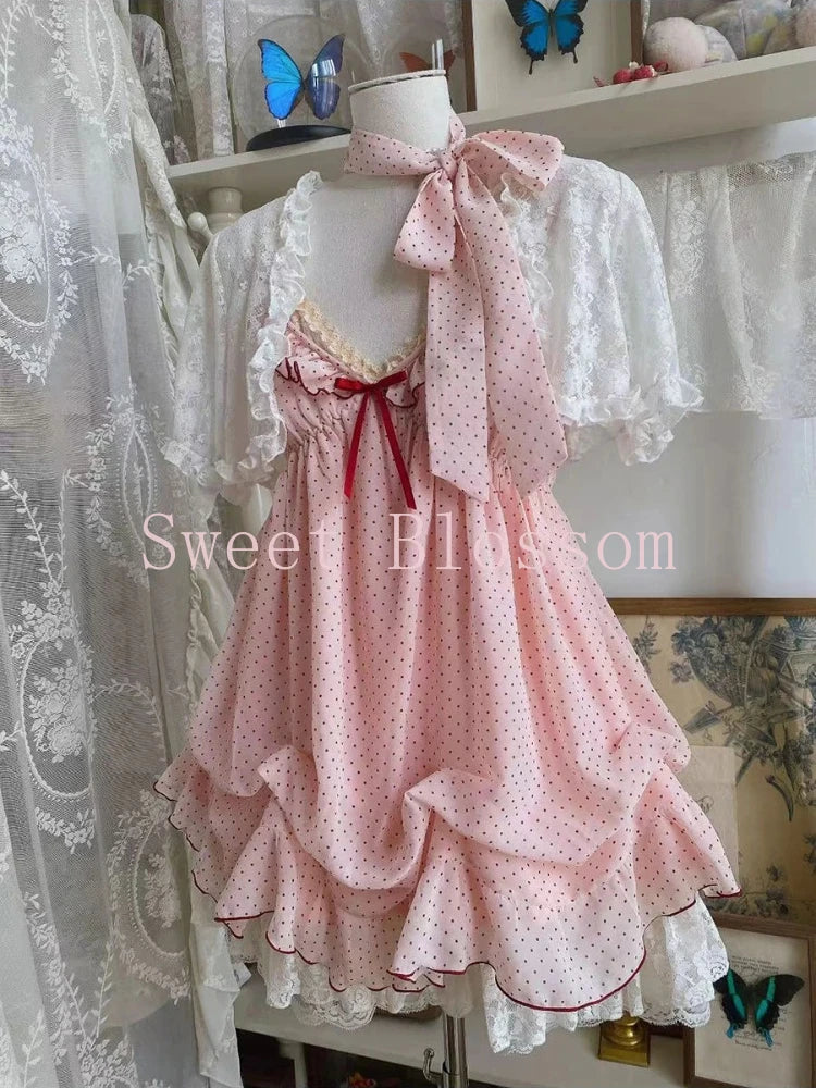 Japanese Fashion Sweet Cute 2 Piece Set Women Mini Lace Tops + Polka Dot Dress New Fit Chic Kawaii Fluffy Retro Suit Summer 2025
