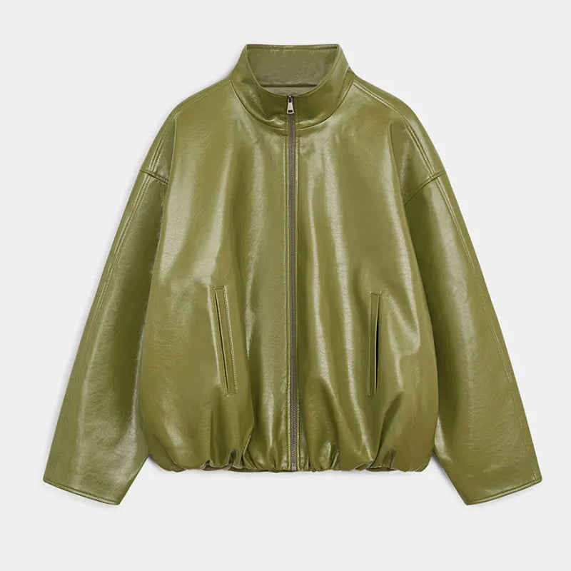 Leather Fashion Jacket Skirt Sets Women Zipper Loose Street Stand Collar Coats Straight Midi Skirts Suits 2025 Autumn Party Chic