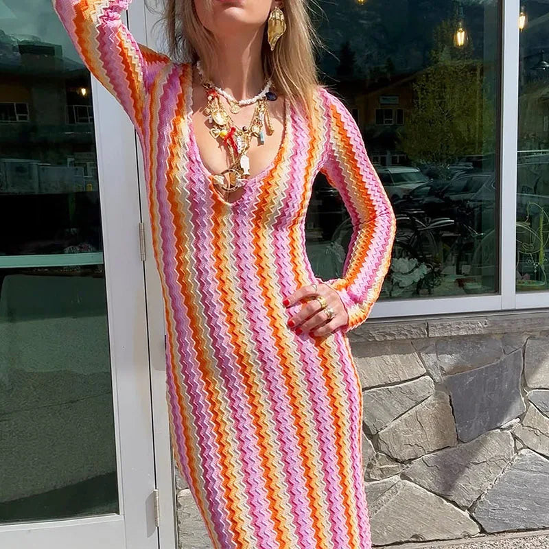 Autumn Colorful Striped Printed Dress Beach Wrap Hip Long Sleeve Party Dress Sexy Lady V Neck High Waist Slim Holiday Dress
