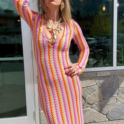 Autumn Colorful Striped Printed Dress Beach Wrap Hip Long Sleeve Party Dress Sexy Lady V Neck High Waist Slim Holiday Dress