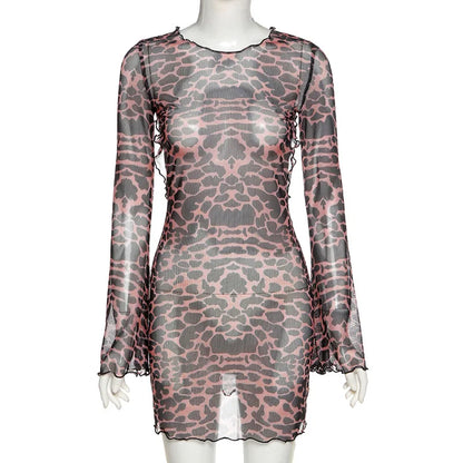 Combhasaki Women‘s Summer Mesh Leopard See-throug Tie-up Backless Mini Dress Flare Long Sleeve Beach Vacation Cover-ups Sundress