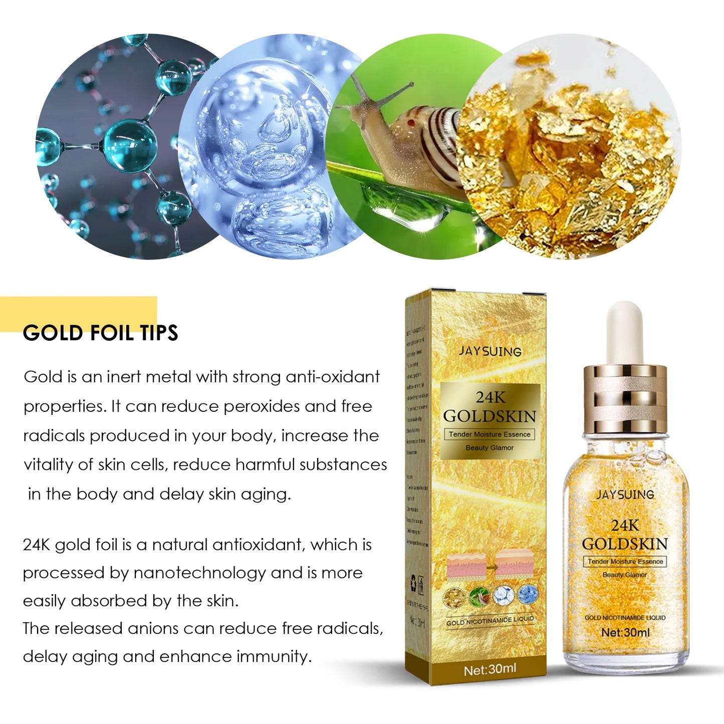 30ml 24K gold hyaluronic acid essence Lift, tighten, reduce redness, restore skin radiance, prevent skin dryness, moisturize