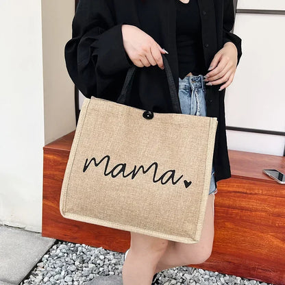 Women Tote Bag Mama Letter Printing Casual Fashion Linen Handbag Large Capacity Shopping Shoulder Bag Mother’s Day Gifts for Mom