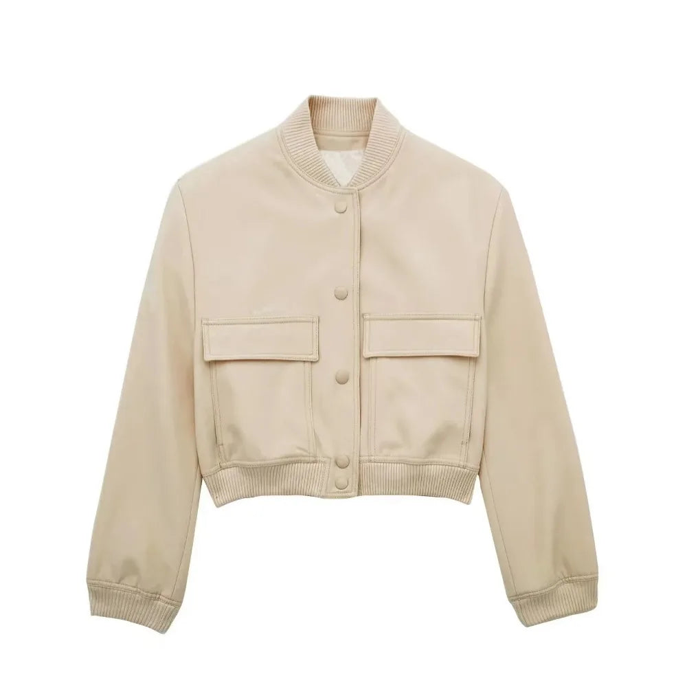 Women Fashion with Pockets Cropped Bomber Jacket Coat Vintage Long Sleeve Front Button Female Outerwear Chic Tops y2k clothes