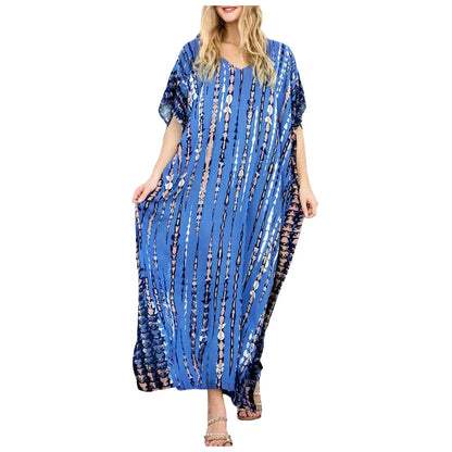 Womens Plus Size Kaftans Casual V Neck Puff Sleeve Boho Loose Floral Long Soft Beach Maxi Summer Swing Party Dresses For Women