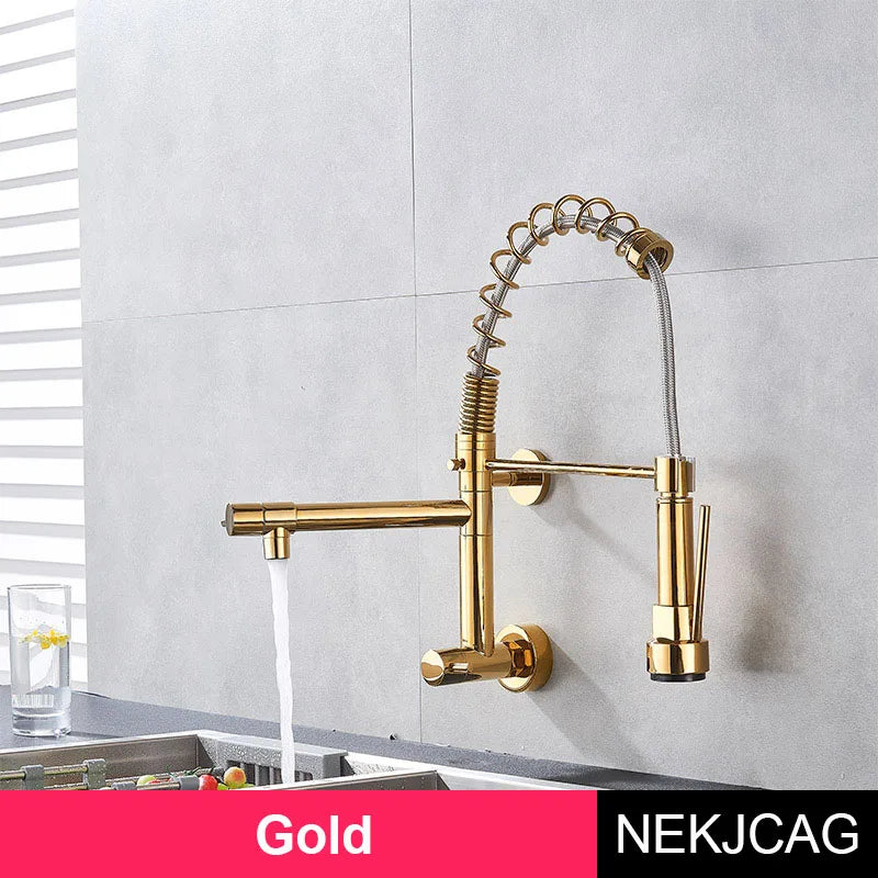 Wall Mounted Spring Kitchen Faucet Chrome Black Pull Down Sink Faucets Single Cold Water Dual Spouts Mixer 360 Rotation Crane