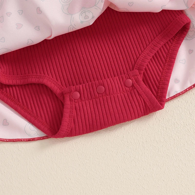 Infant Girls Rompers Dress Valentine s Day Outfit Bear Heart Print Skirt Hem Long Sleeve Spring Jumpsuits with Matching