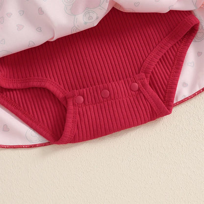 Infant Girls Rompers Dress Valentine s Day Outfit Bear Heart Print Skirt Hem Long Sleeve Spring Jumpsuits with Matching