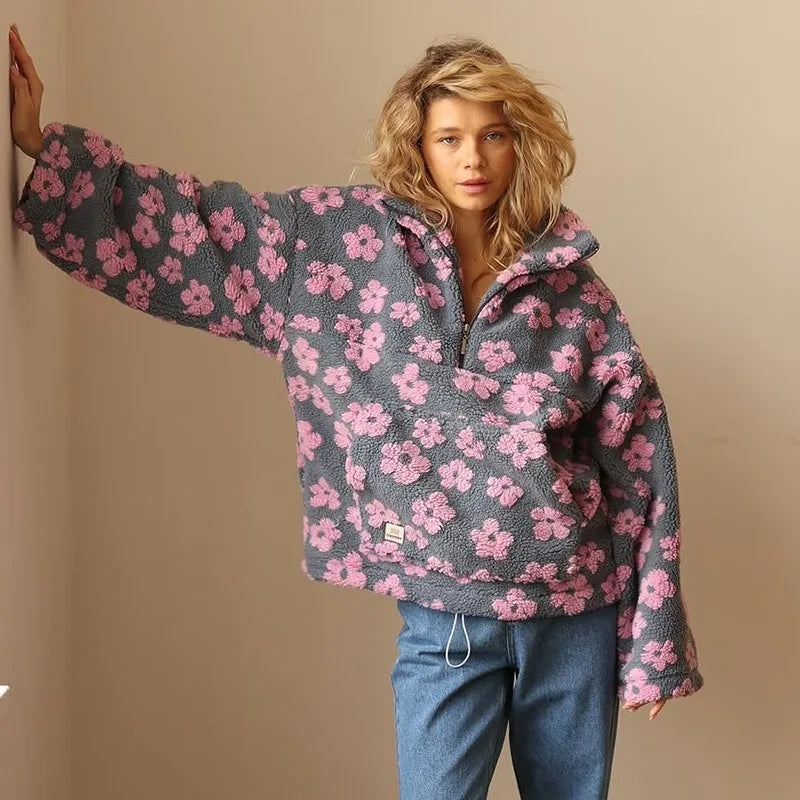 Cozy lambskin coat for women with floral design and oversized fit for trendy warmth