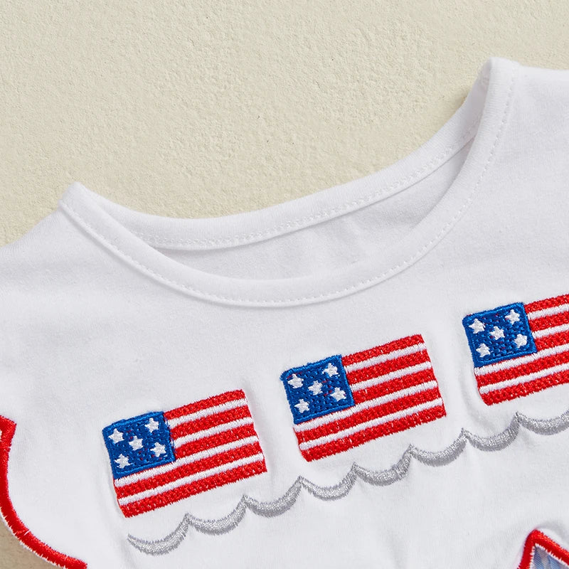 Toddler Girls Patriotic Sleeveless Romper with American Flag Embroidery and Striped Design for Independence Day