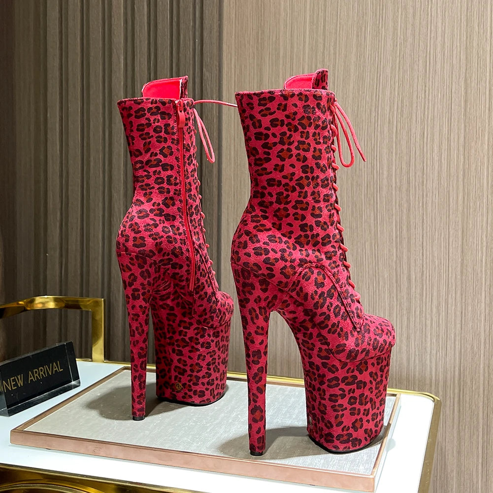 Sexy Fetish Leopard 20cm/8Inch Women's high-heeled Ankle Boots Lace-up Zip Platform Suede Pole Dance Shoes Large Size 44 WESTERN