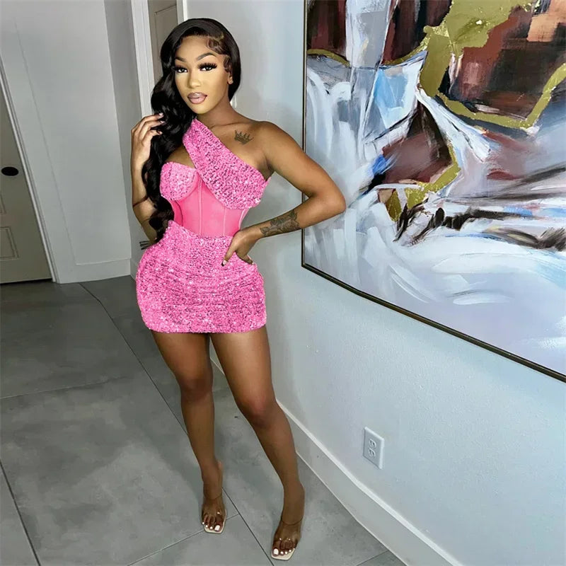 Skinny Slim See Through Mesh Women Sexy Dress Sequin Glitter Shoulder Nightclub Dress Red / Black