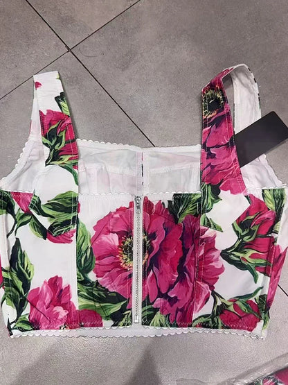 Elegant flower print sexy short tube top suspender top high waist big swing A-shaped skirt summer new two-piece women's suit