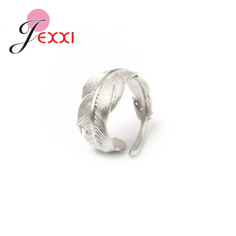 Authentic 100% 925 Sterling Silver Dazzling Feather Shape Open Finger Rings For Women Crystal Jewelry Christmas Gift Adjustable
