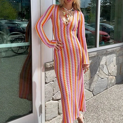 Autumn Colorful Striped Printed Dress Beach Wrap Hip Long Sleeve Party Dress Sexy Lady V Neck High Waist Slim Holiday Dress