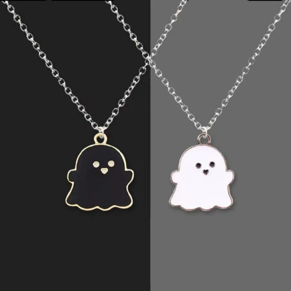EtherealBe Halloween ghost pendant necklace in black and white on delicate chains