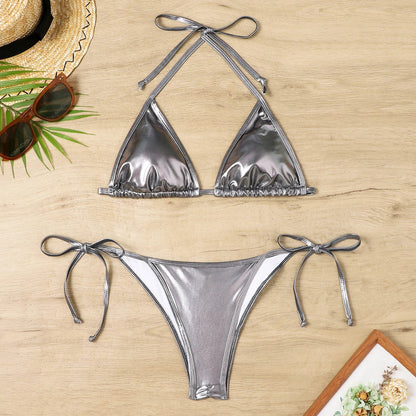 2 Pcs/Set Bikini Set Sexy Leather Bikinis 2024 Solid Halter Neck Strap Thong Swimwear Bathing Suit Women Swimsuit Set For Beach