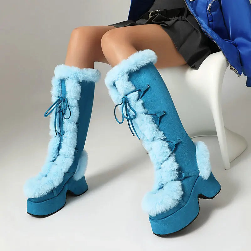 8CM Chunk Heels Winter Warm Knee High Boots Women Snow Short Plush Platform Boots Faux Fur Cosplay Lace-up Long Shoes Size 34-43