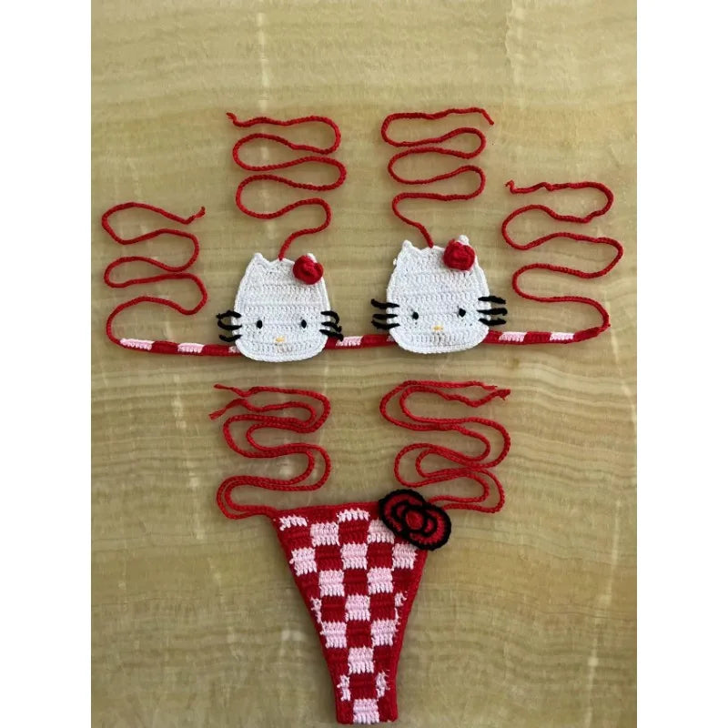 Sanrio Crochet Bikini Set Cute Girls Swimsuits Hello Kitty Sexy Bathing Suit Micro Ties Bikinis Beachwear Women Swimming Suit