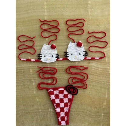 Sanrio Crochet Bikini Set Cute Girls Swimsuits Hello Kitty Sexy Bathing Suit Micro Ties Bikinis Beachwear Women Swimming Suit