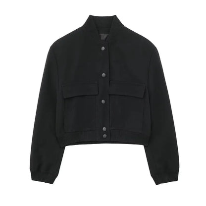 Women Fashion with Pockets Cropped Bomber Jacket Coat Vintage Long Sleeve Front Button Female Outerwear Chic Tops y2k clothes