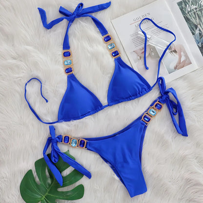Sexy Rhinestone Bikini Set Women 2025 Luxury Pink Crystal Diamond Push Up Bandage Thong Swimsuit Beach Bathing Suit Swimwear