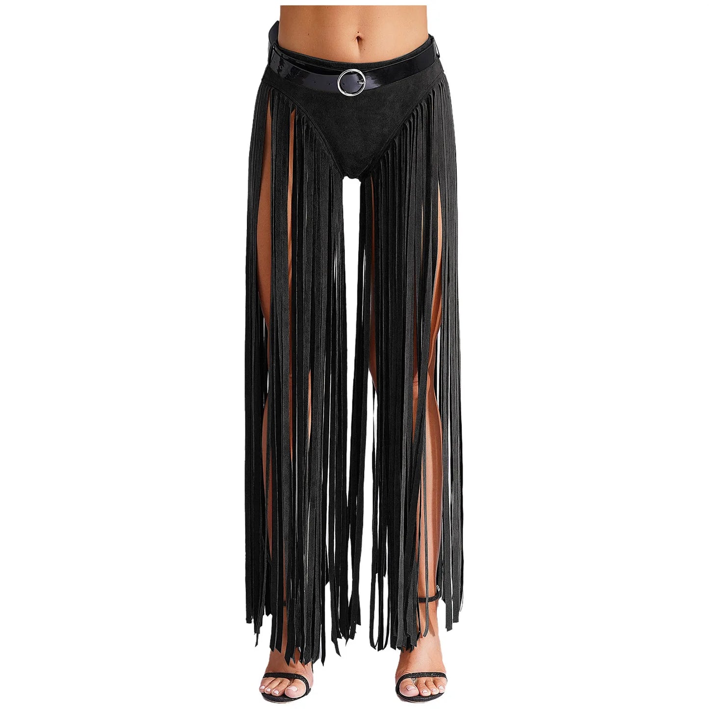Womens Hippy Cosplay Costume High Waist Suede Underwear with Long Tassels And Belt Halloween Dress Up 70s Disco Costume
