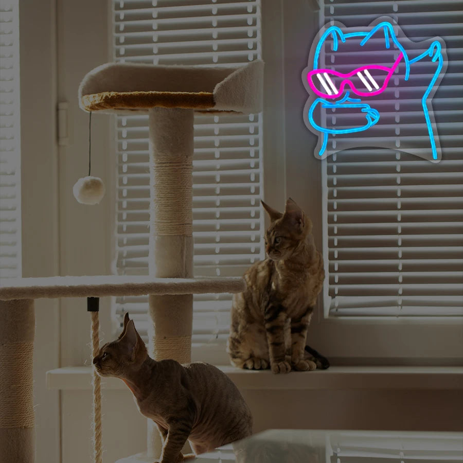 Cool Cat with Glasses Neon Sign for Wall Decor, Moon Cat USB  LED Neon Light Sign for Preppy Room Birthday Party Decoration