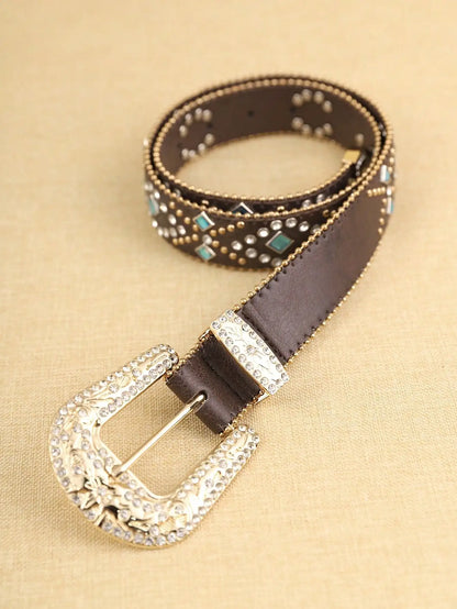 1 Piece Brown Ladies PU Chain Diamond Sapphire Blue Belt Fashion Pop Bohemian Style Belt for Daily Use