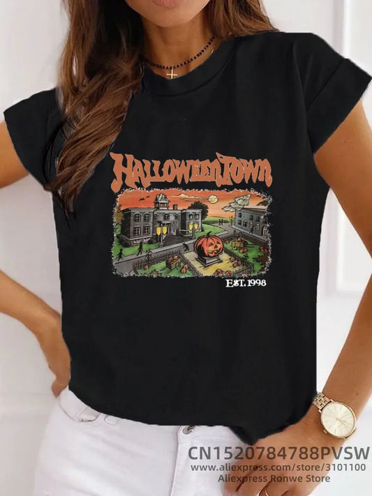 EtherealBe Halloween graphic t-shirt for women featuring a spooky Halloweentown design