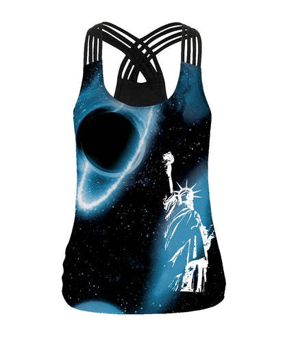 EtherealBe Halloween graphic workout tank tops for women featuring a cosmic design with the Statue of Liberty