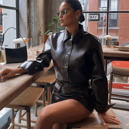 Vintage Women Leather Sets Lapel Single Breasted Jacket Slim Fit Mini Skirt Retro Fashin Female Suit 2024 Lady Jacket Skirt Sets