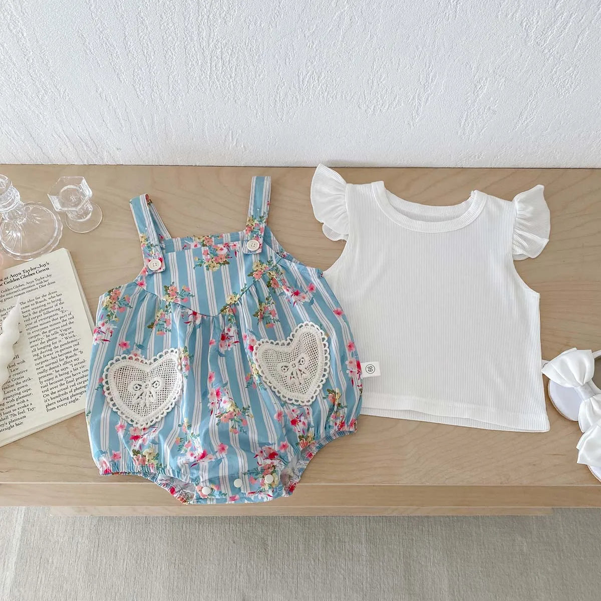 2PCS Newborn Clothes Baby Girls Bodysuit Flutter Sleeves Tops with Bodysuit Baby Romper Sets 0-24 Months