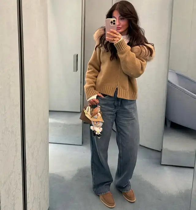 OFTBUY Real Fox Fur Kintwear Women 2025 New Spring Autumn Hooded Sweater Female Loose Zipper Kintted Jacket Oversized Cardigan