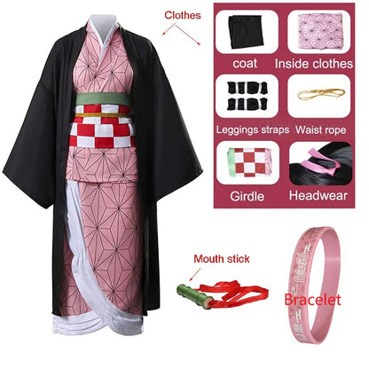 Demon Slayer Nezuko cosplay costume with pink kimono, black coat, accessories, and leggings straps