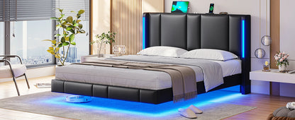 King Size Bed Frame w 4 Storage Drawers,Charging Station and LED Lights,Upholstered Bed Frame w Button Tufted Wingback Headboard