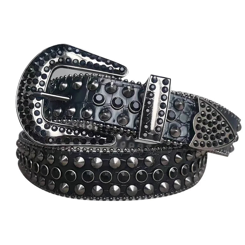 Luxury Designer Belts For Women With Gems Studded Waistband Gothic Black Western Style Fashion Buckle Pin Belt Female Hip Hop