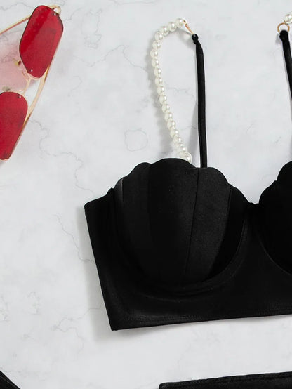 New Swimsuit Women Three Piece Set Solid Blue/Red/Orange/Black Summer Bikini European American Scallop 2024 Swimsuits Wholesale